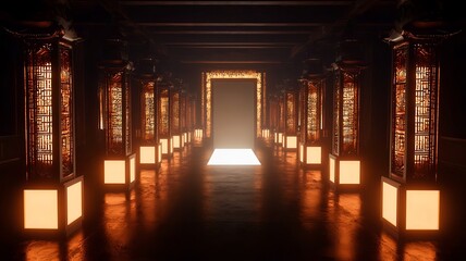 Poster - Elegant and Minimalist 3D of Lanterns and Oriental Dragon Motifs with Vibrant Glowing Accents Set Against a Smooth Gradient Background Featuring a Blank Seamless Text Area for Versatile Design Use