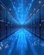 © Eva - Data center server room with blue lighting and digital data stream.