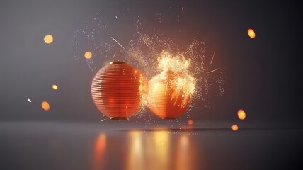 Poster - Vibrant and Festive Lanterns and Fireworks with Glowing Particles on a Clean and Spacious Backdrop Showcasing a Modern 3D