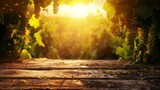 Empty wooden table surrounded by abundant gooseberry bushes in a lush field landscape