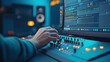 © Enjoy - hand adjusting audio mixing equipment in professional recording studio
