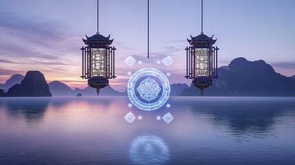 Poster - Glowing lanterns and shimmering particles with auspicious prosperity symbols in a clean peaceful 3D design  Festive and serene background with a minimalist text friendly layout