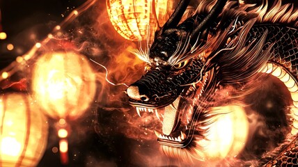 Poster - Stunning 3D featuring a dynamic display of colorful fireworks bursting against a backdrop of glowing dragon motifs and traditional Chinese style lanterns