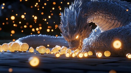 Poster - Vibrant fireworks and glowing dragon motifs with lanterns in a modern festive 3D The image showcases a captivating display of colorful pyrotechnics and oriental design elements