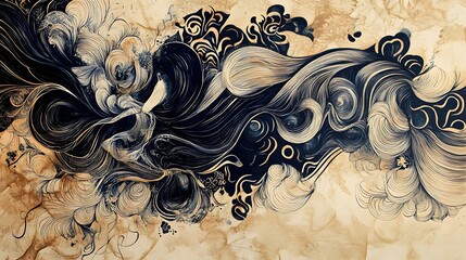 Wall Mural - Abstract swirling patterns in black and beige tones