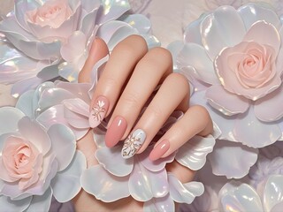 closeup a elegant hand holding  a beautiful flower and painting gorgeous nails against flowers backgournd,nail design and manicure concept