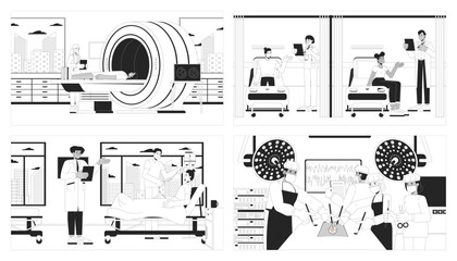 Poster - Hospital medical treatment black and white line illustrations set. Diverse doctors 2D characters monochrome backgrounds. MRI scanner, emergency room, surgery outline scenes vector images collection