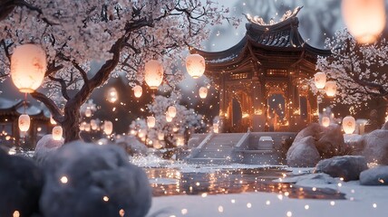 Poster - Soft focus of a Chinese New Year temple with glowing red lanterns a dreamy text placeholder and a fantasy atmospheric aesthetic