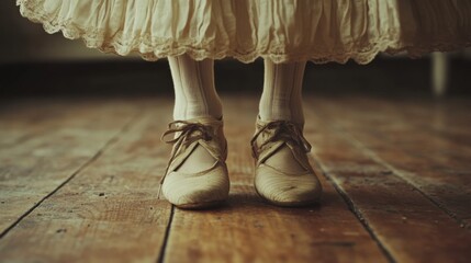 Wall Mural - Child's antique shoes and dress on wooden floor.