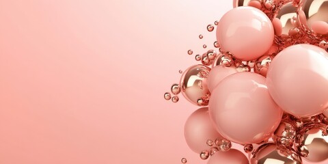 Poster - Elegant cluster of pink and gold balloons with bubbles on a soft background ideal for celebrations or promotional text space