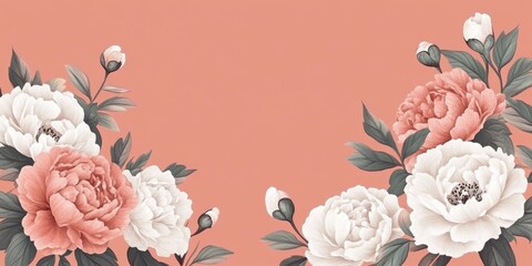 Poster - Elegant coral background with white and pink peonies floral frame for greeting cards and invitations with ample space for personalized text