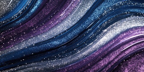 Poster - Elegant abstract background featuring shimmering dark blue, purple, and silver metallic waves with glitter and space for text insertion.