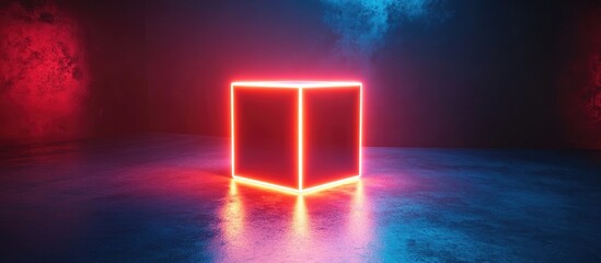 Poster - Futuristic glowing cube in dark digital space with neon lights and reflective surface for technology and design concepts
