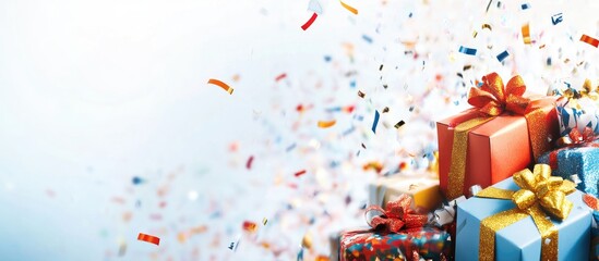 Poster - Festive gift boxes overflowing with colorful confetti streamers against a vibrant background with space for personalized text or messages.