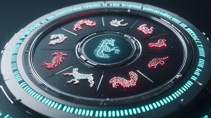 Poster - Stunning digital hologram display featuring spinning zodiac animal symbols and a transparent text box showcasing a high tech and futuristic Chinese New Year design