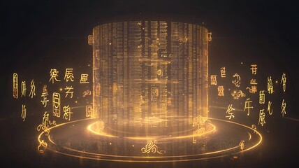 Poster - Futuristic Chinese New Year Hologram with Spinning Zodiac Symbols and Central Digital Text Box  High tech and modern digital design for festive and technology concept