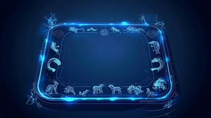 Poster - Futuristic and modern Chinese New Year hologram display featuring spinning zodiac symbols a central transparent text box and a sleek digital aesthetic