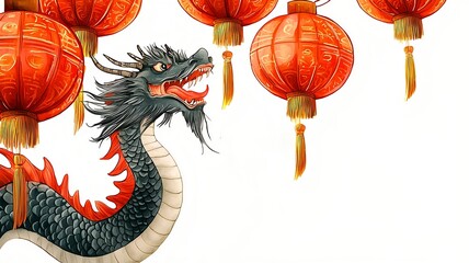 Poster - Ethereal dragon and red lanterns floating in a classic Chinese ink painting style with a blank calligraphic space for text  Elegant mythological and spiritually symbolic artwork