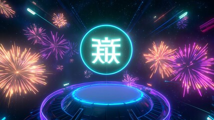 Poster - Stunning bold Chinese New Year typography design with dynamic gradient filled fireworks bursting around a clean placeholder area showcasing a vibrant pop art style perfect for holiday themed projects