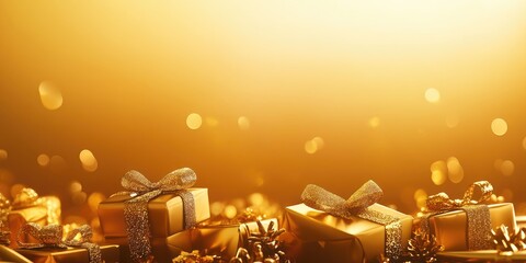 Poster - Elegant golden gift boxes on a warm bokeh background creating a festive atmosphere perfect for celebrations and greeting messages