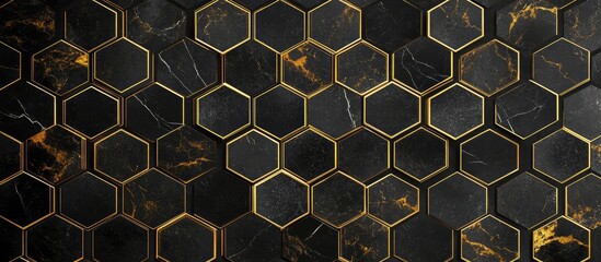 Poster - elegant gold and black hexagon marble tile background with textured design ideal for luxury graphics