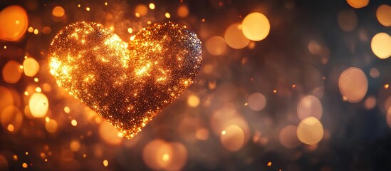 Poster - glowing heart shaped bokeh with swirling warm lights and soft blurred background for romantic text a