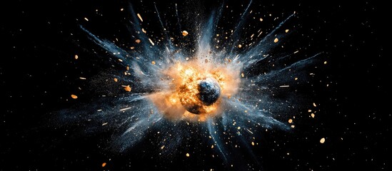 Poster - Planetary explosion in outer space with dynamic debris and dark background for customizable text placement and visual impact