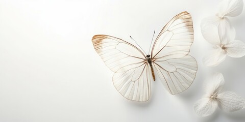 Poster - Delicate butterfly and white petals arrangement on light background with ample copy space for elegant design or text placement