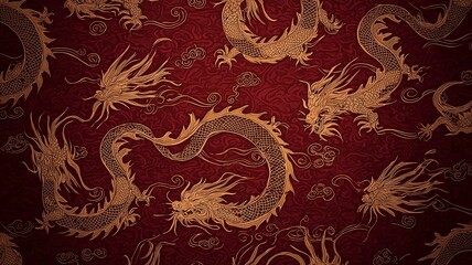 Poster - Elegant and Auspicious Chinese New Year Digital Pattern with Repeating Golden Dragons and a Rectangular Space for Text