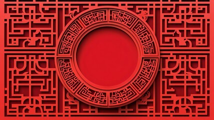 Poster - Vibrant Red Traditional Chinese Paper Cut Art with Blank Center for Customizable Text   Intricate Folk Design for New Year Holiday