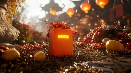 Poster - Vibrant and Lively Chinese New Year Market Scene Featuring Detailed Lanterns Red Envelopes and a Glowing Text Box in a Warm Celebratory Style