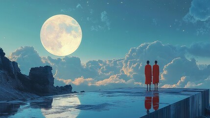 Wall Mural - Two Figures Contemplating a Serene Night Landscape