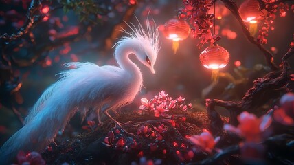 Poster - Ethereal Chinese New Year Moonlit Night with Glowing Lanterns and Mythical Creatures in Dreamy Aesthetic  Soft white text placeholder set against a tranquil serene landscape with a glowing moon stars