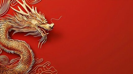 Aufkleber - Vibrant Chinese New Year Dragon Silhouette in Radiant Gold on a Deep Red Background with Clean Text Box for Message