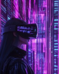 Poster - Woman in Virtual Reality Immersed in a Digital Cityscape
