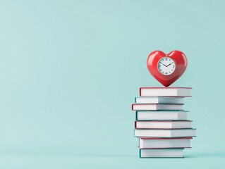 Poster - A stack of books with a heart-shaped clock on top, symbolizing learning about love and time