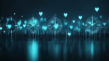 Poster - A futuristic cityscape with holographic clocks projected into the sky, each clock pulsing softly with heart-shaped rhythms
