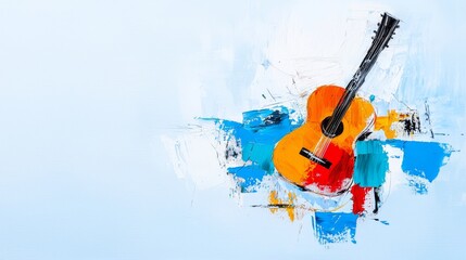 Poster - An abstract artwork bursting with color, showcasing an acoustic guitar on a splattered canvas.