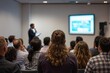 © PlanetOfVectors - Audience listening to a speaker presenting with a microphone, professional setting, blurred background, concept of communication and learning. Ai generative