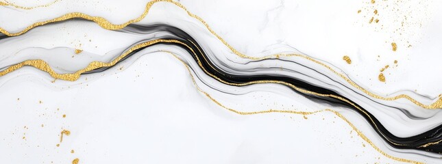 Poster - An abstract liquid gold design with a black marble background, incorporating a luxury wallpaper pattern with nature-inspired black brush strokes, modern oil paint, and a watercolor splash.