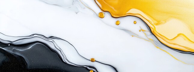 Poster - A modern paper design with a gold abstract pattern, black marble background, and a fluid ink texture, complemented by white watercolor splashes and luxury wallpaper elements.