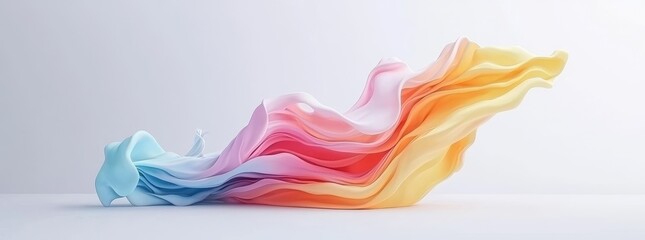 Poster - A simple, minimalist 3D rendering of an abstract metallic iridescent wave with flowing multi-colored patterns, depicted as a solid shape and isolated flat on white and transparent backgrounds.