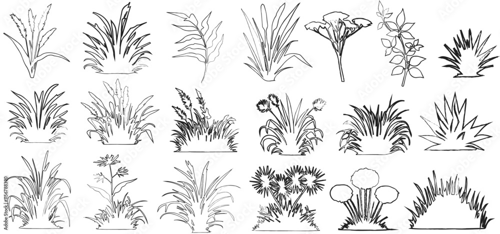 Plant elevation line silhouettes outline - grass, shrub, tree set ...