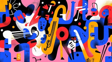 Poster - An abstract painting bursting with various shapes and lines in vivid colors.