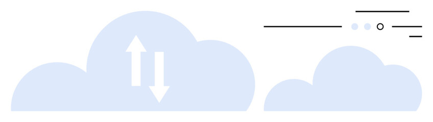 Poster - Two clouds, one larger with up-down arrows, smaller cloud with lines and dots indicating data transfer. Ideal for cloud storage, data management, digital solutions, internet services, technology, IT