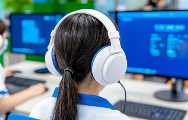 Poster - At a call center in an office, a woman with a headset delivers CRM and customer service through conversations and online support. Her career involves telemarketing, consulting, and operating as a