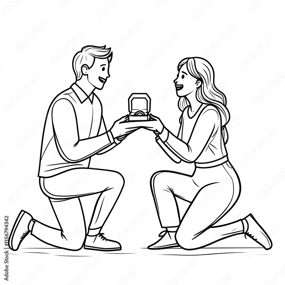 Line art illustration of a man proposing with an engagement ring to a ...