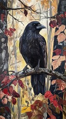 Wall Mural - Majestic Crow in Autumn Forest: A Stunning Wildlife Painting