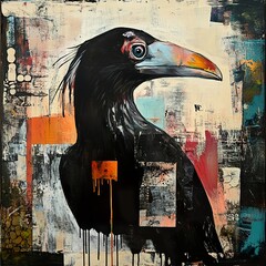 Wall Mural - Abstract Crow Painting: Bold Black Bird in Mixed Media