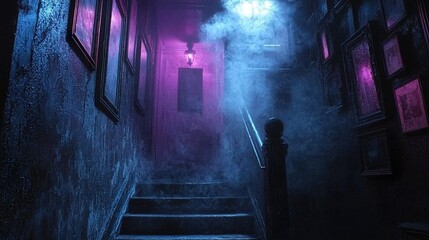 Poster - Mysterious Haunted House Staircase: A Dark and Eerie Atmosphere